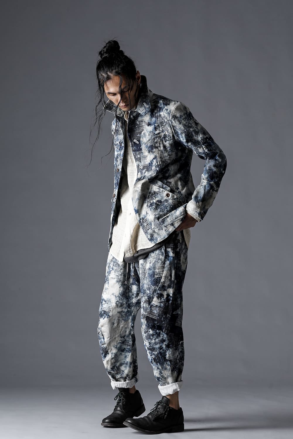 D.HYGEN(ディーハイゲン) 23SS(春夏) ST104-0423S-Splash-Indigo スプラッシュブリーチパッチワークジャガードストレッチコットンジャケット スプラッシュインディゴ 1-002