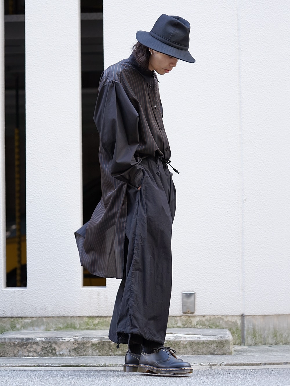 Yohji Yamamoto Striped Cupro Staff Shirt and Tuck Pants