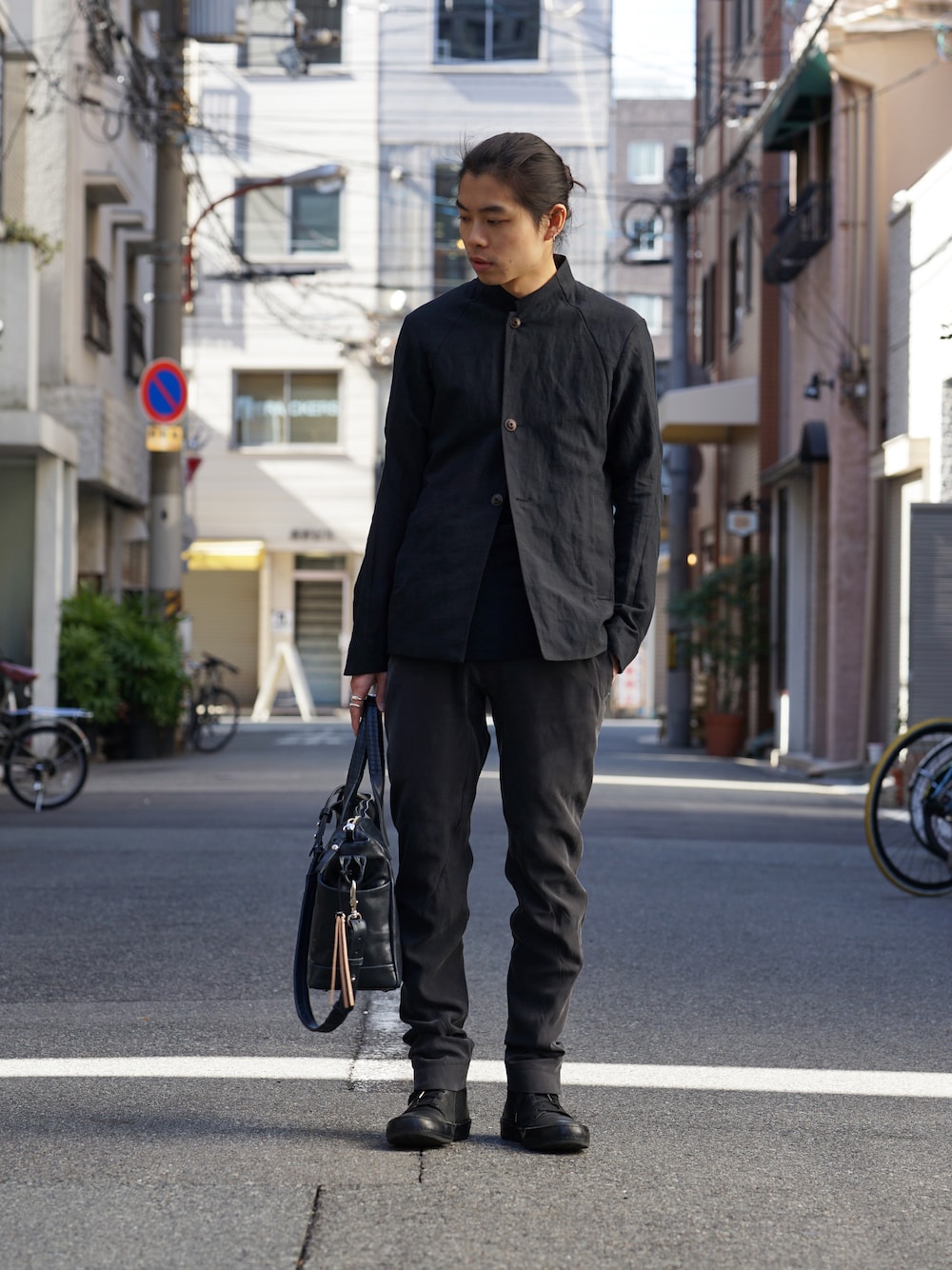 DEVOA Jacket Cotton Linen Check Blue Black Style 02