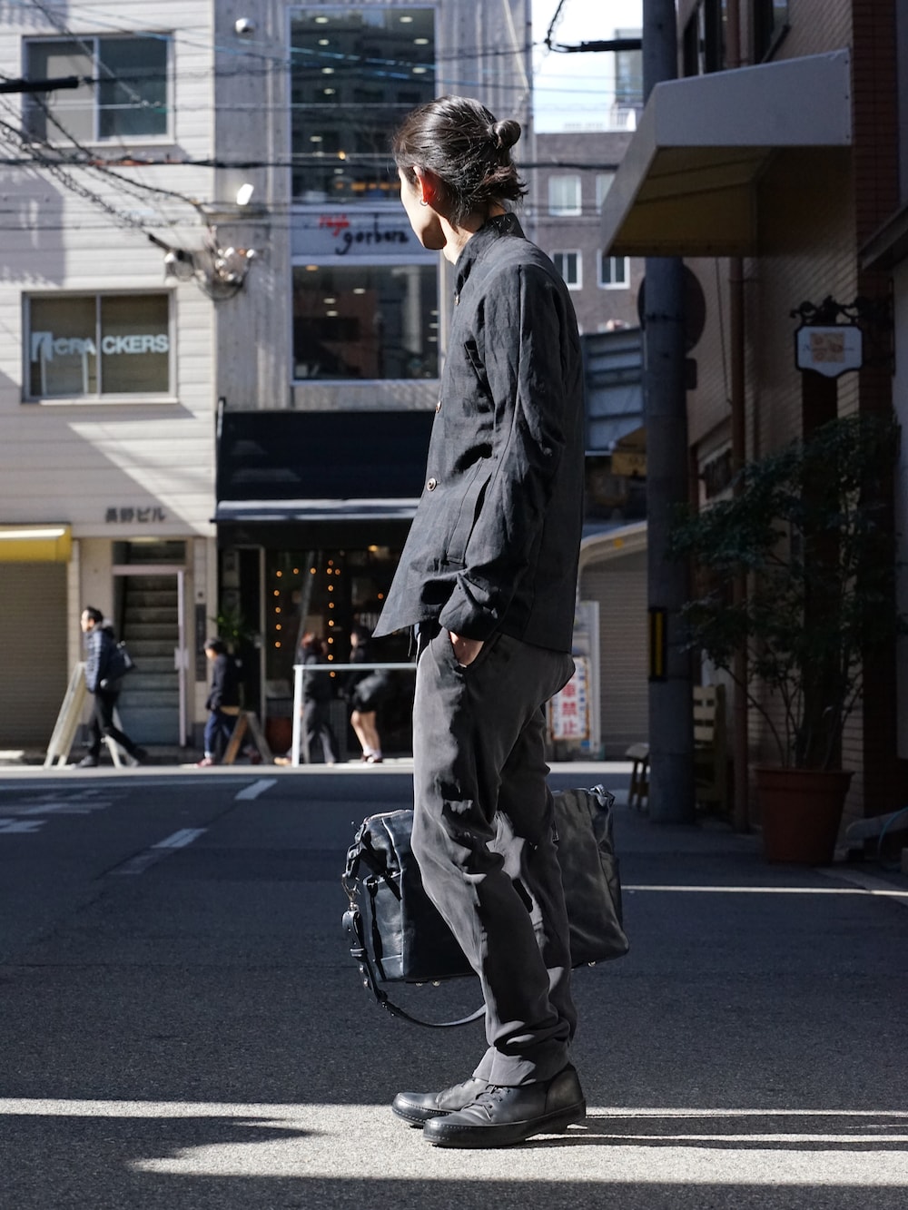 DEVOA Jacket Cotton Linen Check Blue Black Style 03