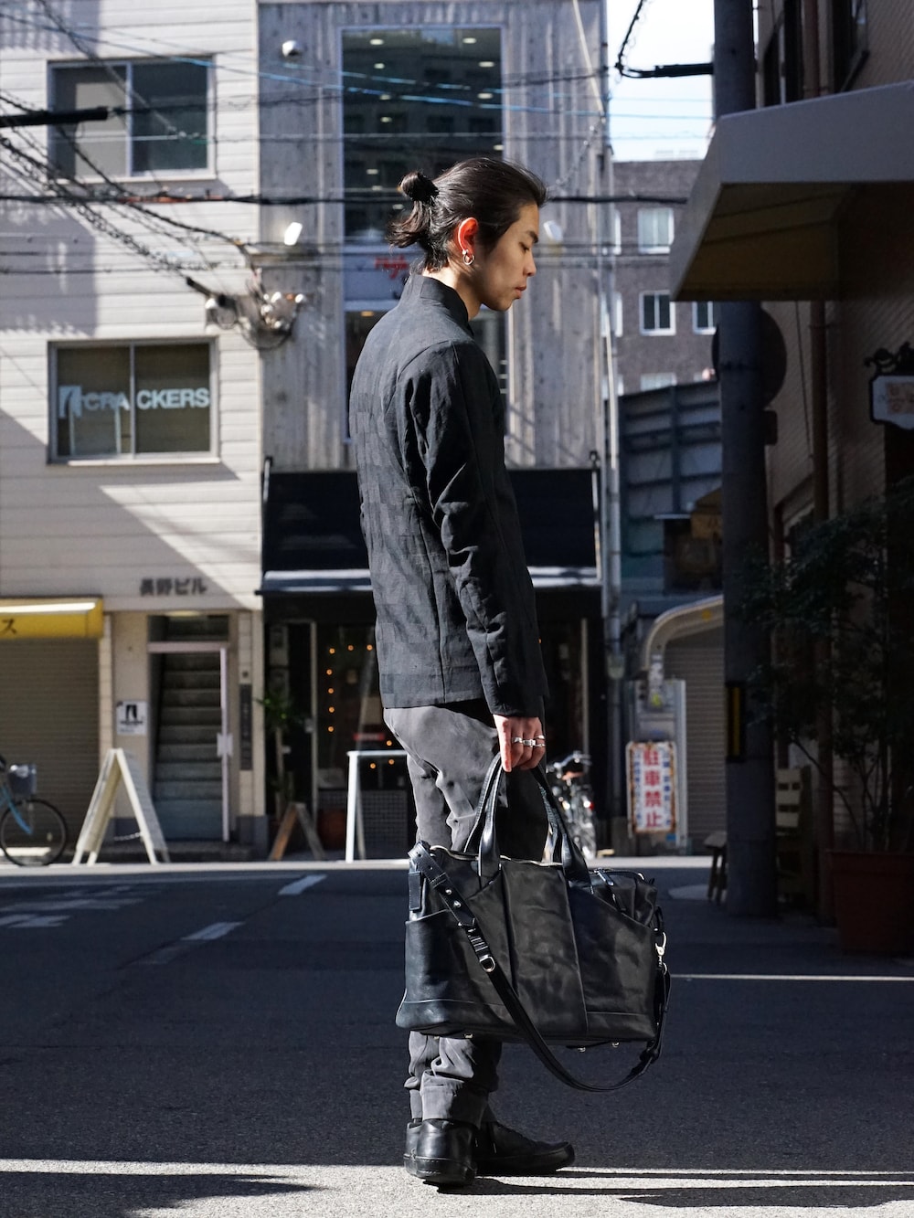 DEVOA Jacket Cotton Linen Check Blue Black Style 04