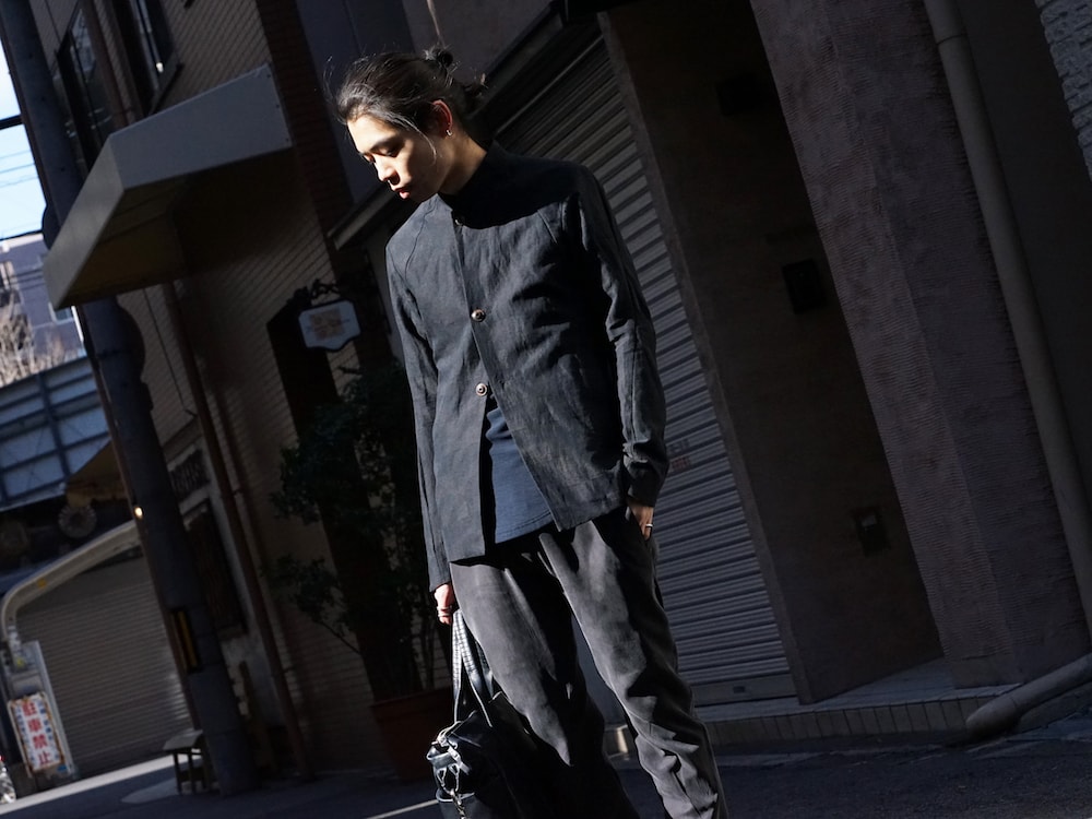 DEVOA Jacket Cotton Linen Check Blue Black Style 05