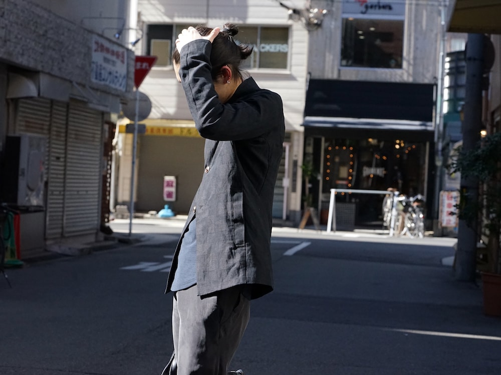 DEVOA Jacket Cotton Linen Check Blue Black Style 06