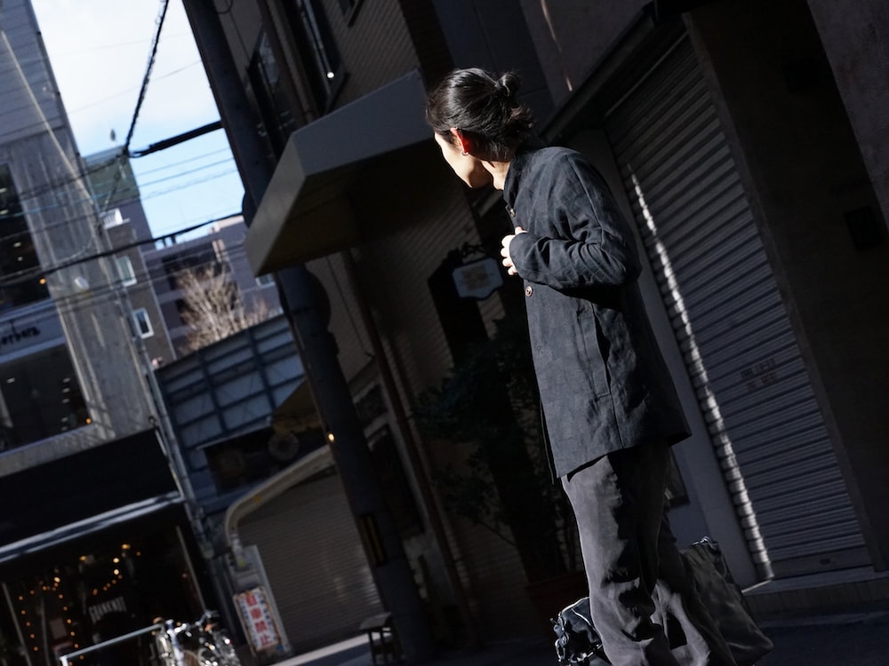 DEVOA Jacket Cotton Linen Check Blue Black Style 07