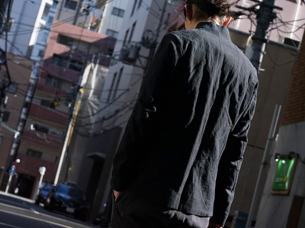 DEVOA Jacket Cotton Linen Check Blue Black Style 08