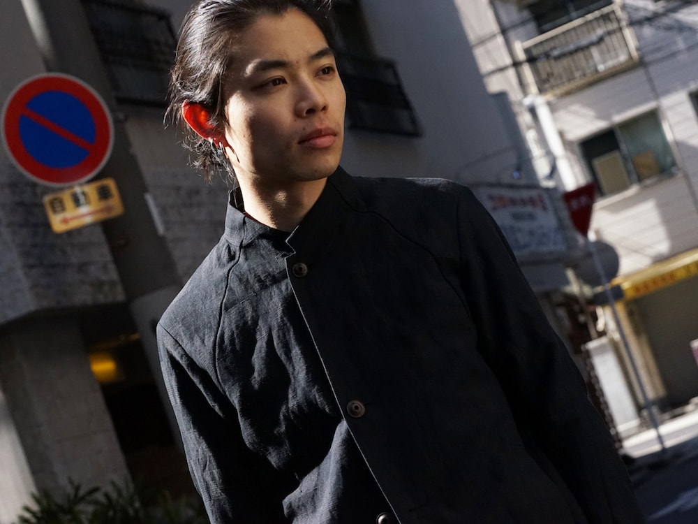 DEVOA Jacket Cotton Linen Check Blue Black Style 09