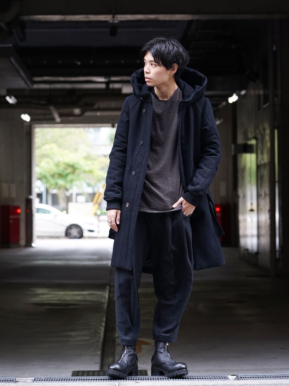 DEVOA Shetland Wool Linen Stripe Batting Hood Coat Style - 1-001