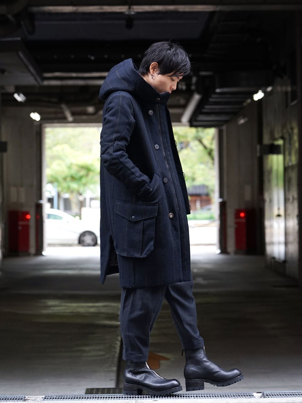 DEVOA Shetland Wool Linen Stripe Batting Hood Coat Style - 1-002