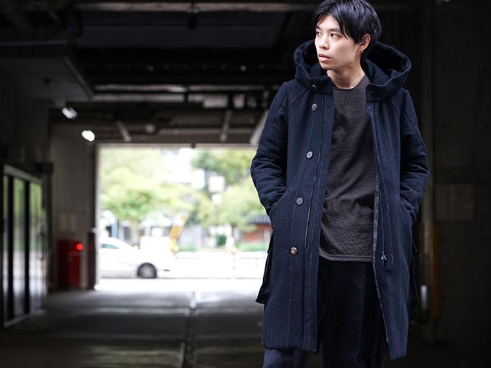 DEVOA Shetland Wool Linen Stripe Batting Hood Coat Style - 2-001