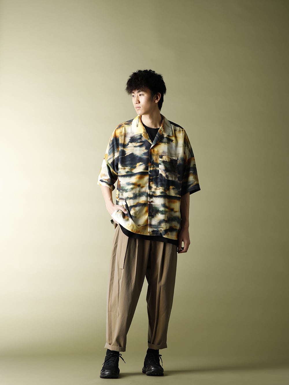 KAZUYUKI KUMAGAI【Silky inkjet Pt drop shoulder Open collar shirt S/S】styling!! - 1-001