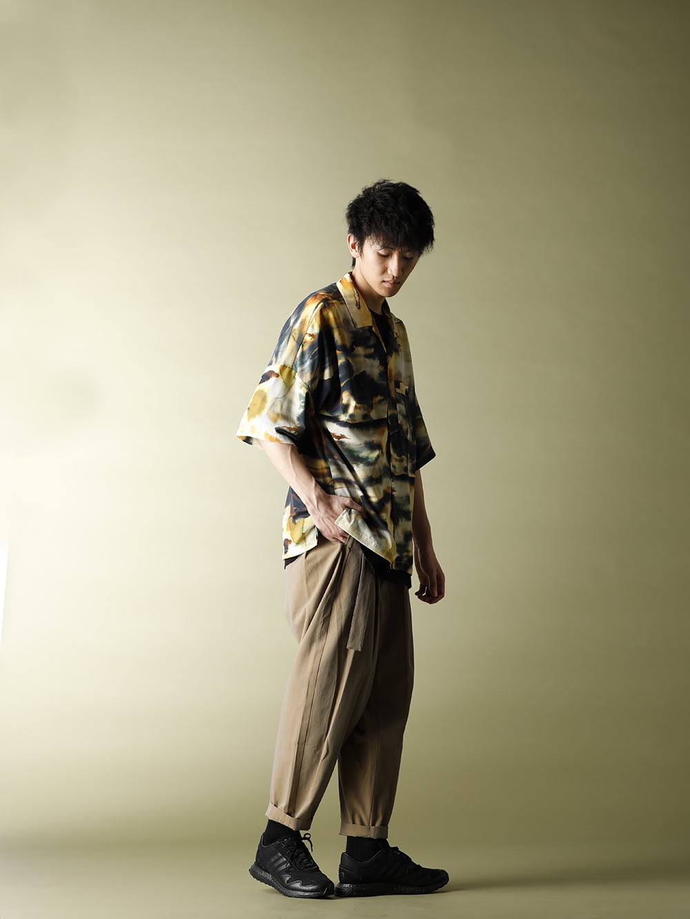 KAZUYUKI KUMAGAI【Silky inkjet Pt drop shoulder Open collar shirt S/S】styling!! - 1-002