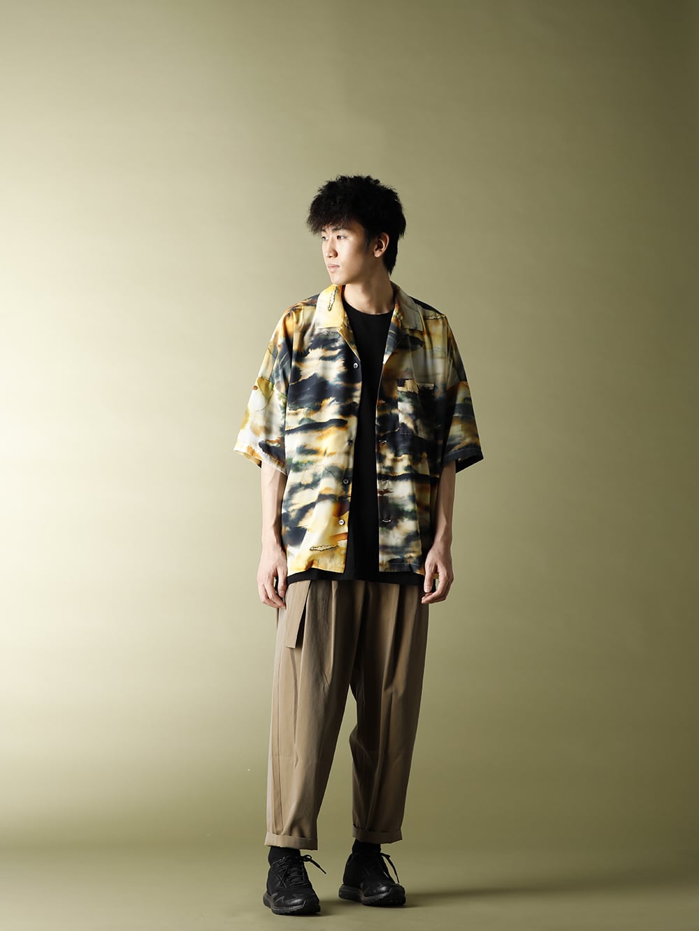 KAZUYUKI KUMAGAI【Silky inkjet Pt drop shoulder Open collar shirt S/S】styling!! - 2-001