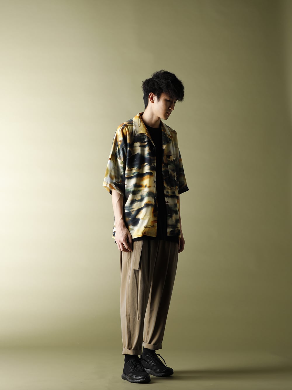 KAZUYUKI KUMAGAI【Silky inkjet Pt drop shoulder Open collar shirt S/S】styling!! - 2-002