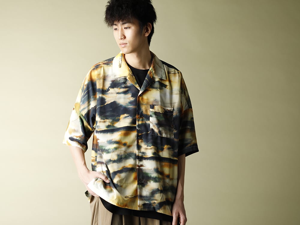 KAZUYUKI KUMAGAI【Silky inkjet Pt drop shoulder Open collar shirt S/S】styling!! - 2-003