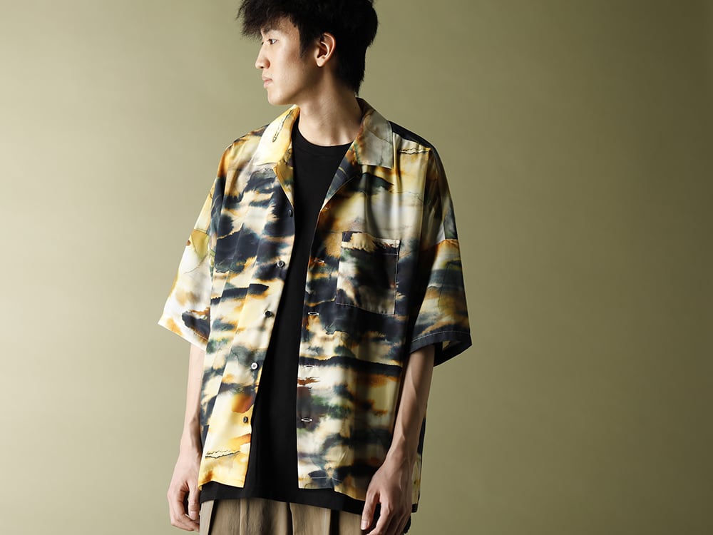 KAZUYUKI KUMAGAI【Silky inkjet Pt drop shoulder Open collar shirt S/S】styling!! - 2-008