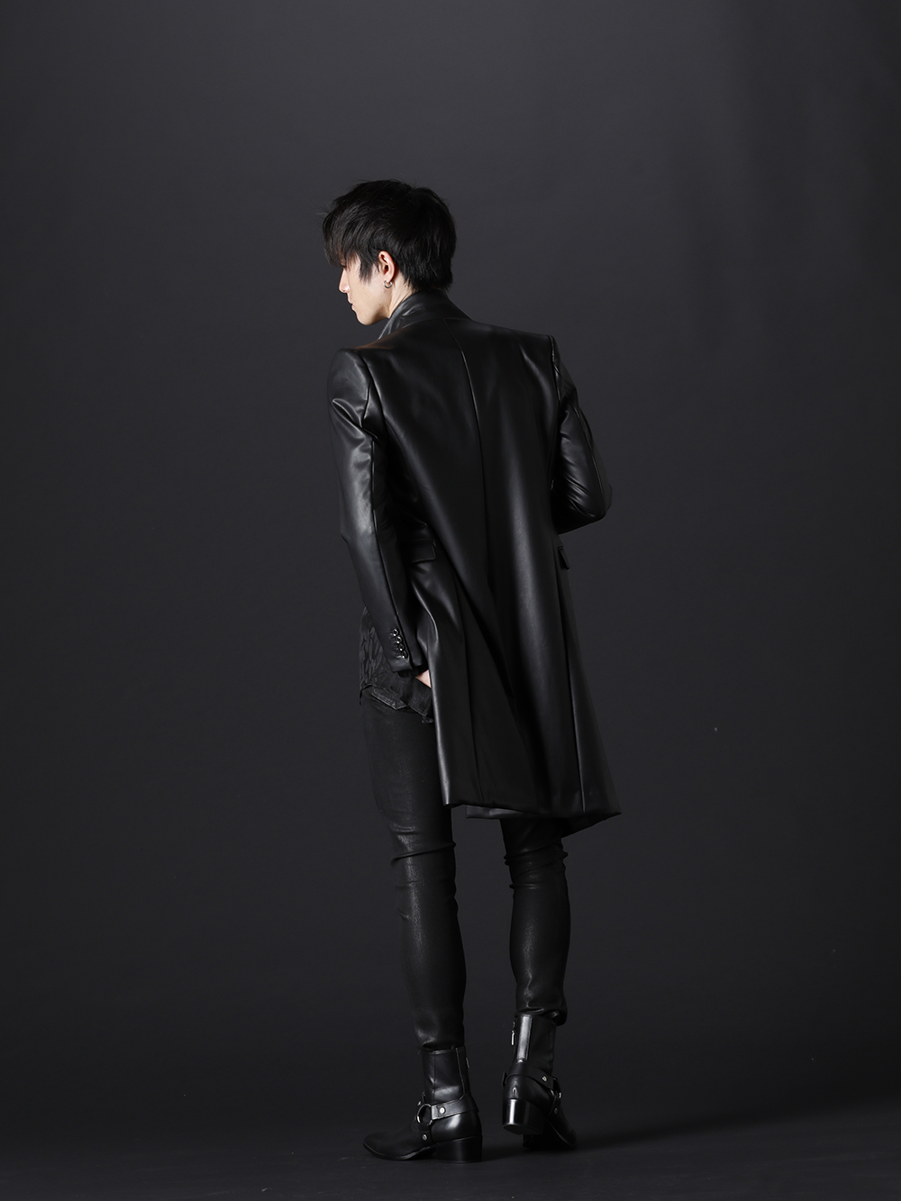 GalaabenD 2022-23AW - The styling is elegant, clean, and luxurious. - 87524205(4WAY Stretch ECO Leather Narrow Peaked Lapel Long Jacket) 87524105-Black(VIS/CU Leaf Jacquard Regular Shirt Black) 87214530-21-22aw(EX fit denim coating leggings pants) 87115902(Harness Ring Boots) - 1-004