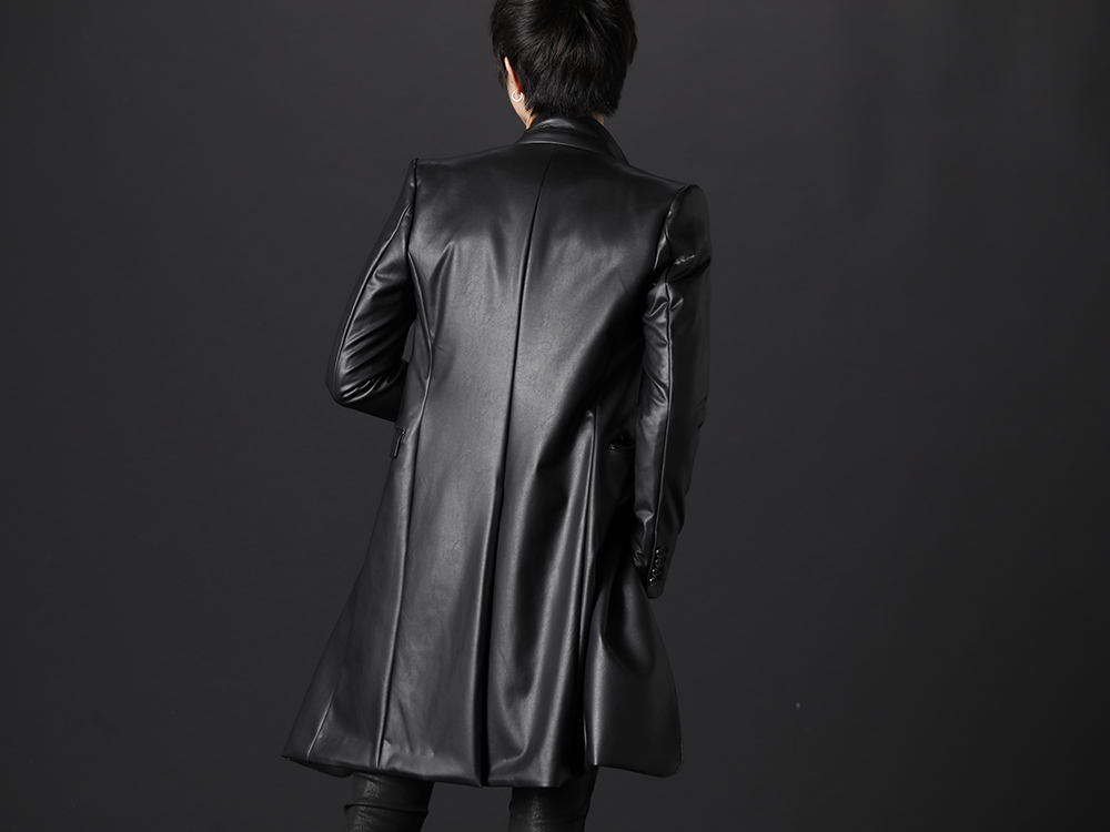 GalaabenD 2022-23AW - A long jacket with a realistic leather texture - 87524205(4WAY Stretch ECO Leather Narrow Peaked Lapel Long Jacket) 87524105-Black(VIS/CU Leaf Jacquard Regular Shirt Black) - 2-003