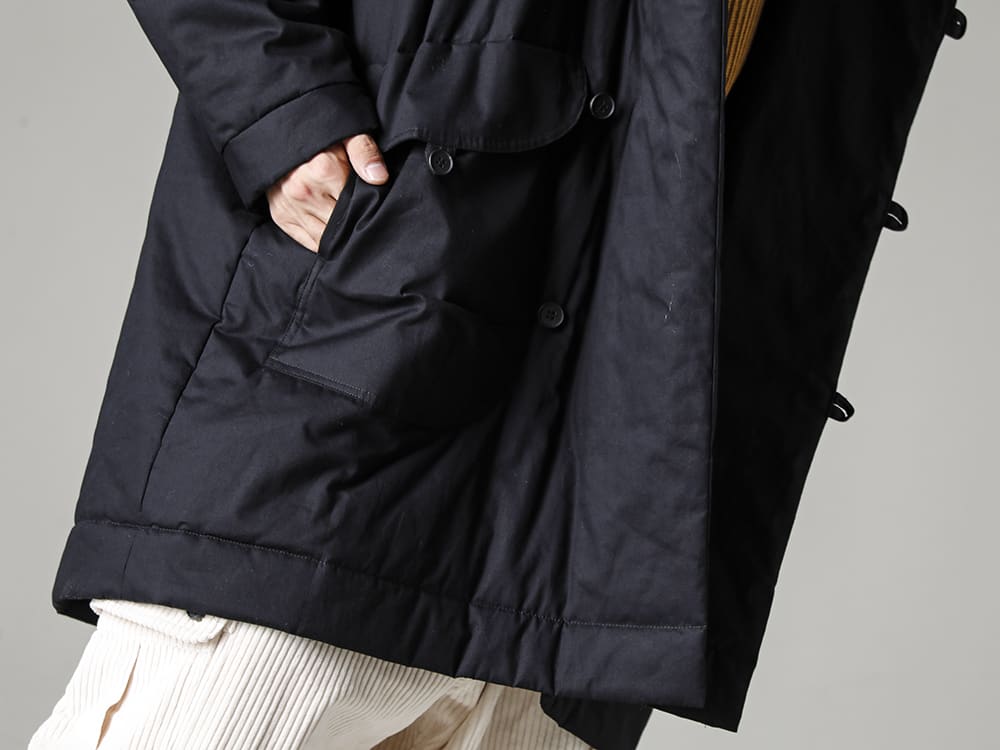 O PROJECT 22-23AW Wide fit silhouette for a wide range of innerwear items  - 014CT1-Black-HOODED DUFFLE COAT Water-Repellent Padded Poplin Black - O14KN2-Mustard-KNITTED CREW NECK Fine Merino Wool Mustard  2-005