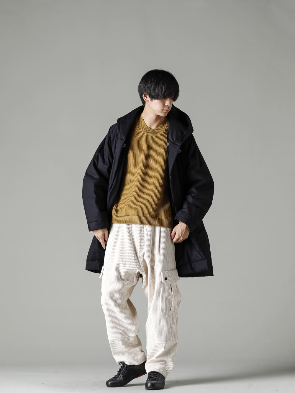 O PROJECT 22-23AW Corduroy material that gives a change of expression and a sense of season to fall and winter styles - 014CT1-Black-HOODED DUFFLE COAT Water-Repellent Padded Poplin Black - O14KN2-Mustard-KNITTED CREW NECK Fine Merino Wool Mustard - O14TR3-Off-White-CARGO TROUSERS Wide Wale Corduroy Off White - Handsewn-Classic-Lo-Handsewn Classic Lo 3-006