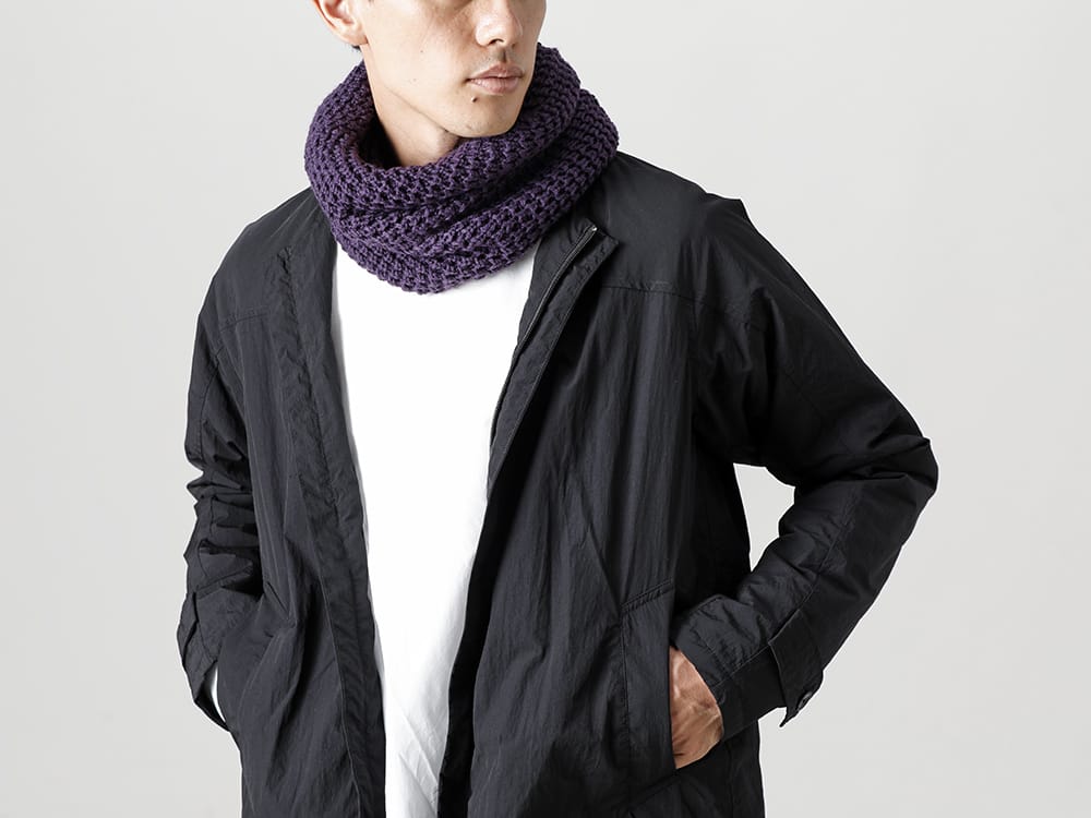 RIPVANWINKLE - リップヴァンウィンクル - 2022-23AW - ノーカラーのアウターと相性良いスヌードセーター  - RB-435 - アノラック シャツコート ブラック - RB-402 - クロスジャージー L/S ホワイト - RB-442 - スヌードセーター アメシスト - 2-002