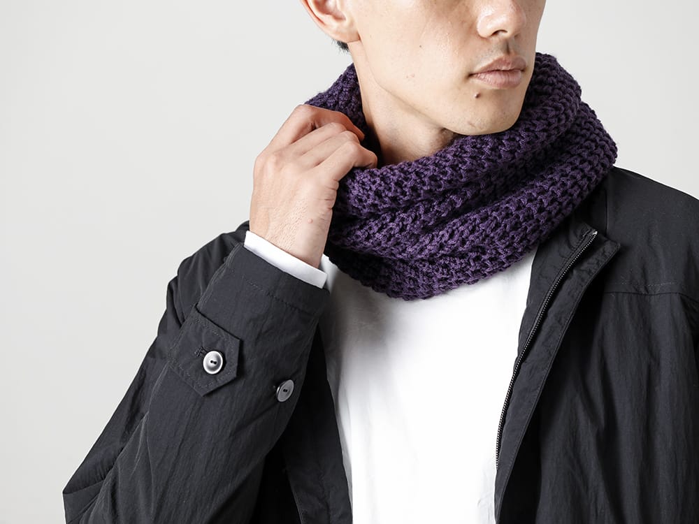 RIPVANWINKLE - リップヴァンウィンクル - 2022-23AW - ノーカラーのアウターと相性良いスヌードセーター  - RB-435 - アノラック シャツコート ブラック - RB-402 - クロスジャージー L/S ホワイト - RB-442 - スヌードセーター アメシスト - 2-006