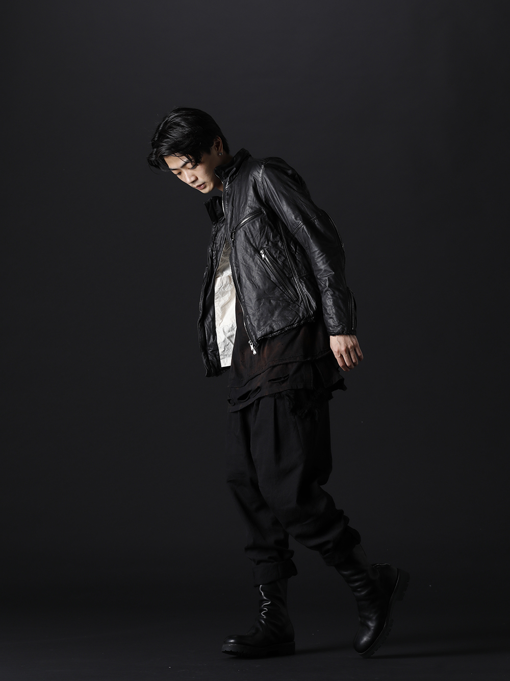 The Viridi-anne / D.HYGEN / nude:masahiko maruyama / Guidi 2022-23AW - Styling with a fashionable feel using leather items. - VI-3504-06-Black(Goat Leather Jacket Black) ST101-0922A-Black(30/- Soft Cotton Jersey Damaged Long Sleeve T-Shirt Black) NU-1646(Wool Braid / Fringe Drop Crotch 2 Tucks Pants) 788V-black(Back Zip Boots Sole Rubber - Horse Full Grain Leather) - 1-003