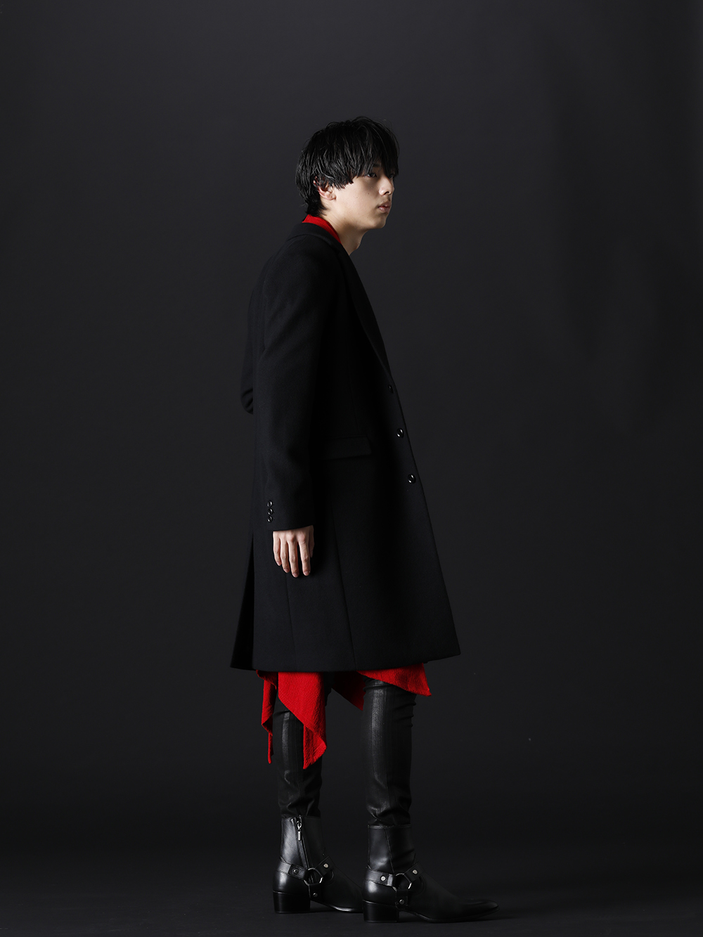GalaabenD / kiryuyrik / THE ONENESS 2022-23AW - The style in which black and red accentuate each other's excellence. - 87528601(Superior Melton Chesterfield Coat) KO-HT25-057(Python Jacquard Jersey Dolman Flare Cardigan) OA-HT31-051(Dolma Frill T-Shirts) 87214530-21-22aw(EX fit denim coating leggings pants) 87115902(Harness Ring Boots) - 1-003