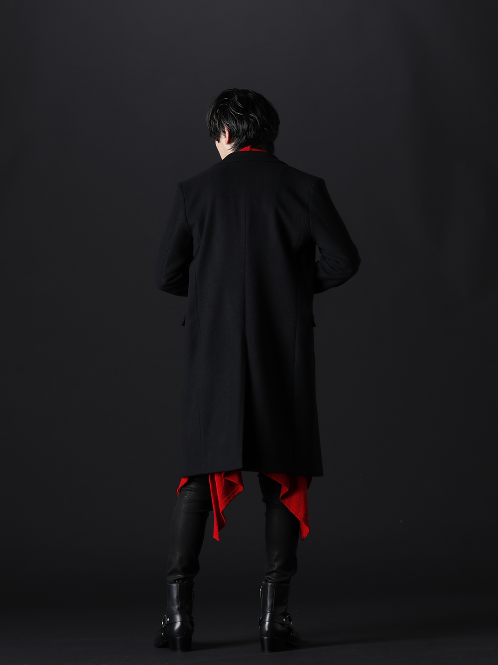 GalaabenD / kiryuyrik / THE ONENESS 2022-23AW - The style in which black and red accentuate each other's excellence. - 87528601(Superior Melton Chesterfield Coat) KO-HT25-057(Python Jacquard Jersey Dolman Flare Cardigan) OA-HT31-051(Dolma Frill T-Shirts) 87214530-21-22aw(EX fit denim coating leggings pants) 87115902(Harness Ring Boots) - 1-004