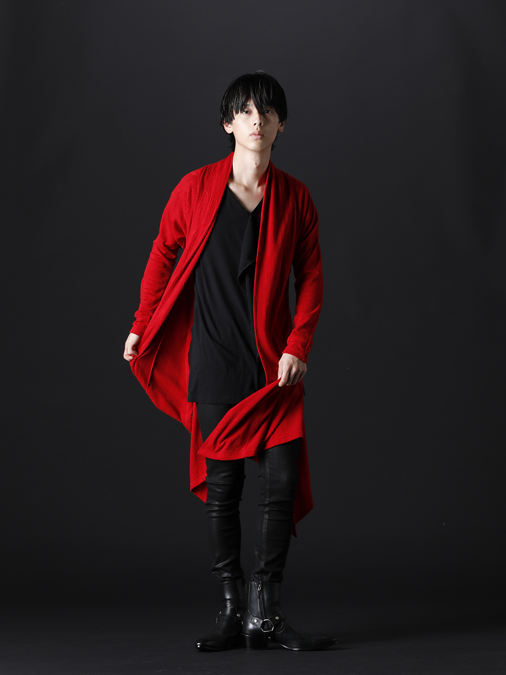 GalaabenD / kiryuyrik / THE ONENESS 2022-23AW - A cardigan with a bright red and designer silhouette. - KO-HT25-057(Python Jacquard Jersey Dolman Flare Cardigan) OA-HT31-051(Dolma Frill T-Shirts) 87214530-21-22aw(EX fit denim coating leggings pants) 87115902(Harness Ring Boots) - 3-001