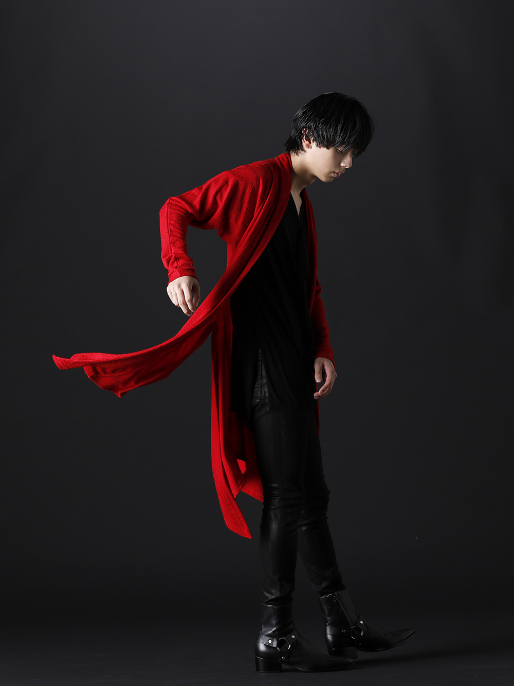 GalaabenD / kiryuyrik / THE ONENESS 2022-23AW - A cardigan with a bright red and designer silhouette. - KO-HT25-057(Python Jacquard Jersey Dolman Flare Cardigan) OA-HT31-051(Dolma Frill T-Shirts) 87214530-21-22aw(EX fit denim coating leggings pants) 87115902(Harness Ring Boots) - 3-002