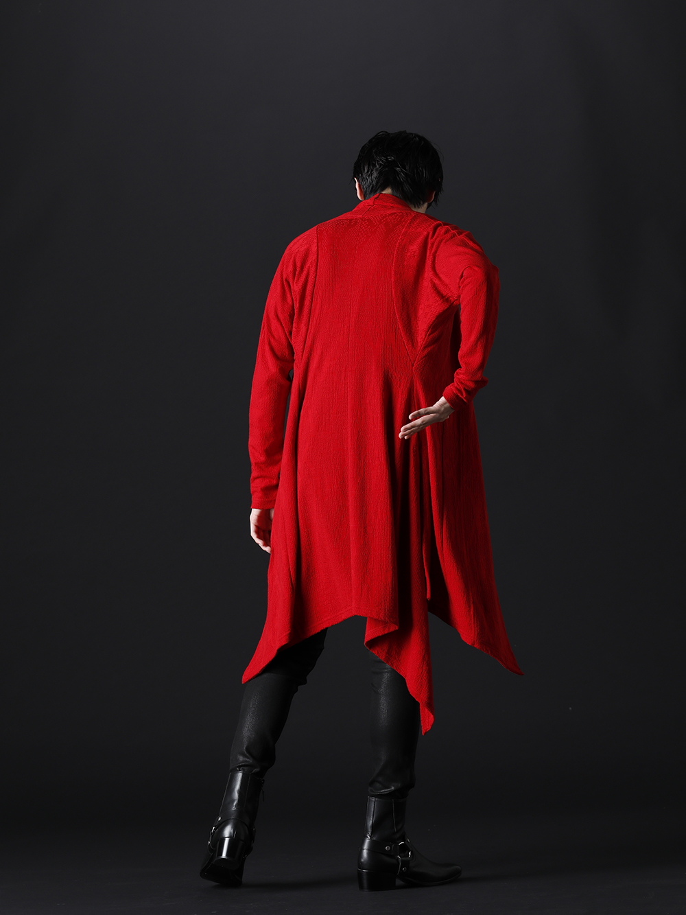 GalaabenD / kiryuyrik / THE ONENESS 2022-23AW - A cardigan with a bright red and designer silhouette. - KO-HT25-057(Python Jacquard Jersey Dolman Flare Cardigan) OA-HT31-051(Dolma Frill T-Shirts) 87214530-21-22aw(EX fit denim coating leggings pants) 87115902(Harness Ring Boots) - 3-003