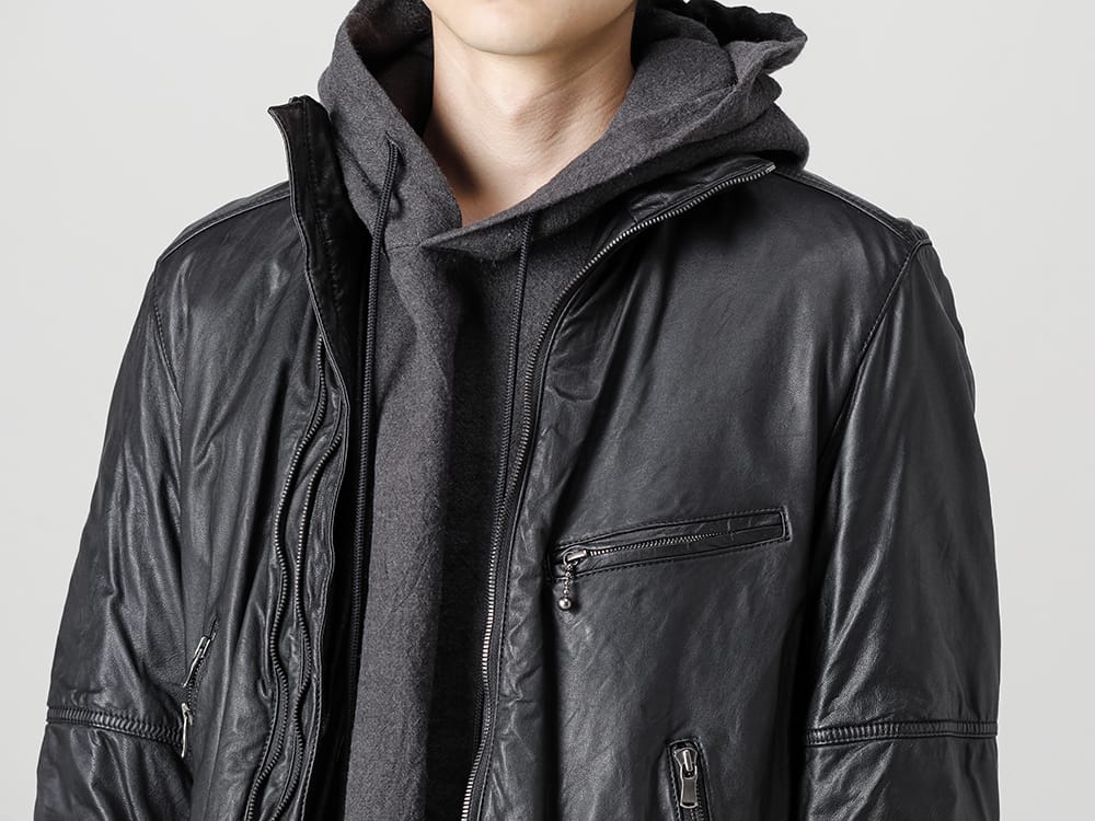 The Viridi-anne - ザ ヴィリジアン 22-23AW ハイブリット鞣しのゴートレザージャケット  - VI-3504-06-Goat Leather Jacket Black - RB-405-Solid Hoodie Graphite Gray 2-001