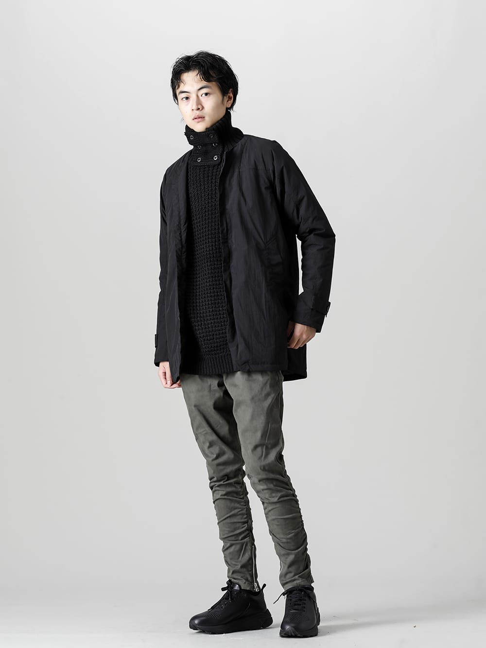 RIPVANWINKLE 22-23AW Styling - Deck sweater shirt coat style Autumn styling with black top and dark khaki - RB-435-Anorak Shirt Coat Black - RB-428-Deck Sweater - RB-410-Motorcycle Easy D.Khaki