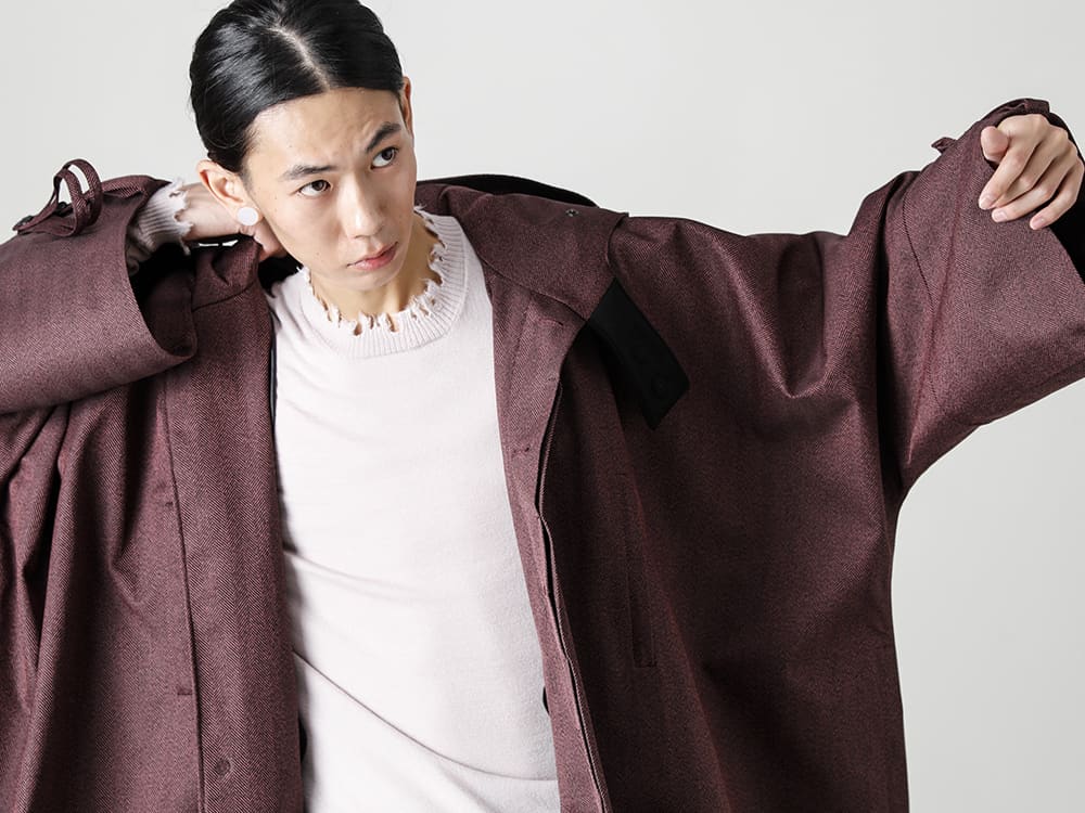 Norwegian Rain 22-23AW High quality herringbone fabric that doesn't look like recycled polyester  - Raincho-Unisex-Herringbone-Bordeaux-レインチョ ユニセックス ボルドー - UK7553-Off-White-ロングスリーブ ニットトップ. オフホワイト  2-002