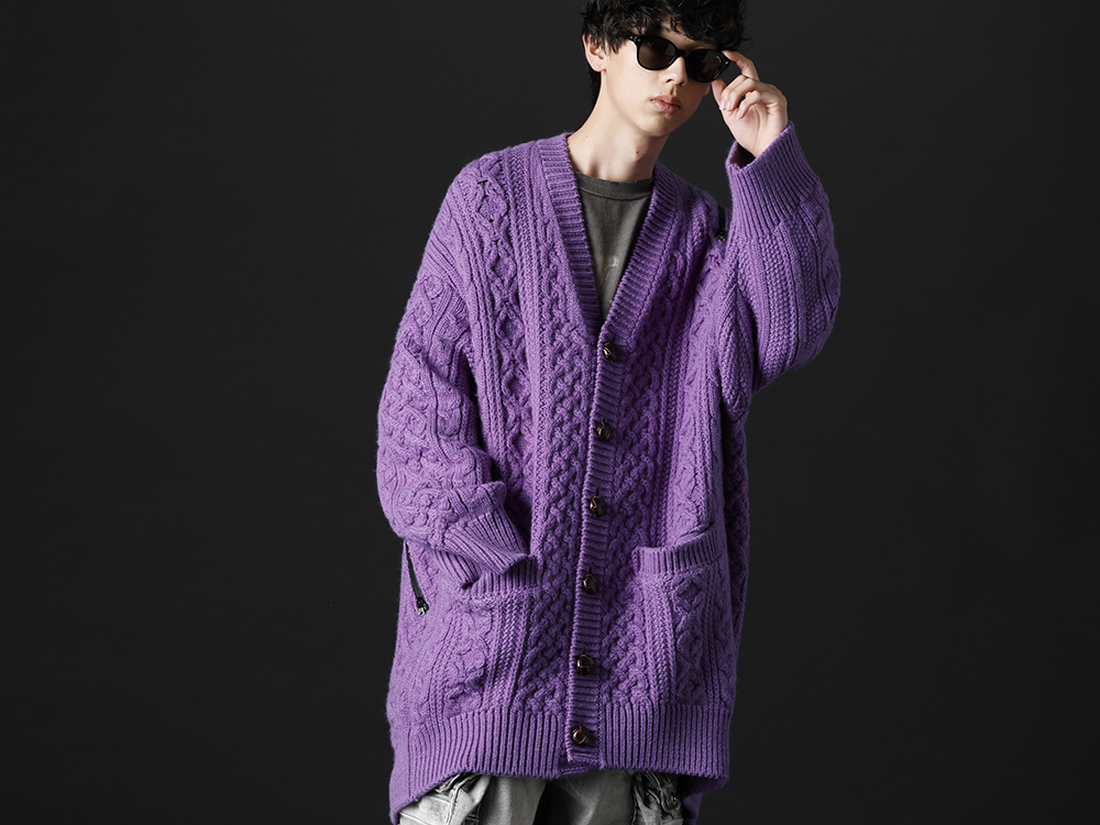 タカヒロミヤシタ ザソロイスト / セントマイケル 2022-23AW - 鮮やかなパープルカラーが美しいオーバサイズカーディガン - sk.0001AW22-Purple(ダブルジップ バルーンシェイプド アランパターン カーディガン パープル) SM-A22-0000-076(ヴィーローン × セントマイケル MARIA ロングスリーブTシャツ) - 2-001