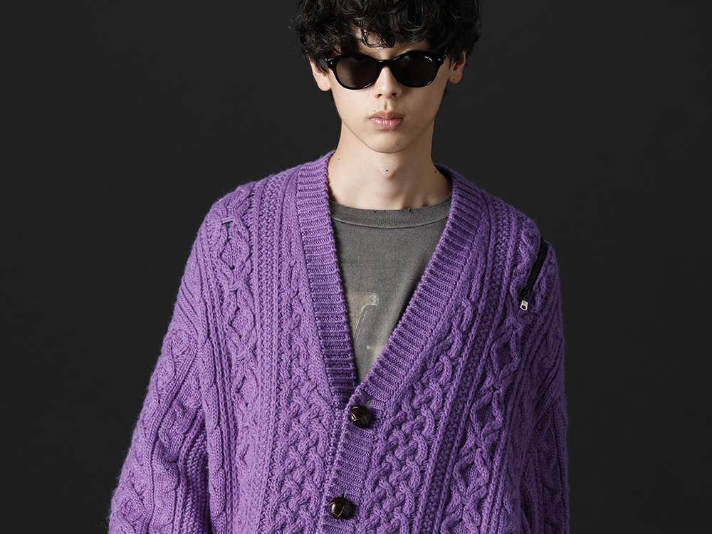 タカヒロミヤシタ ザソロイスト / セントマイケル 2022-23AW - 鮮やかなパープルカラーが美しいオーバサイズカーディガン - sk.0001AW22-Purple(ダブルジップ バルーンシェイプド アランパターン カーディガン パープル) - 2-003