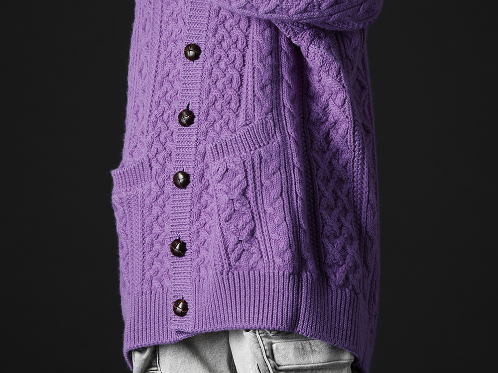 タカヒロミヤシタ ザソロイスト 2022-23AW - 鮮やかなパープルカラーが美しいオーバサイズカーディガン - sk.0001AW22-Purple(ダブルジップ バルーンシェイプド アランパターン カーディガン パープル) - 2-004