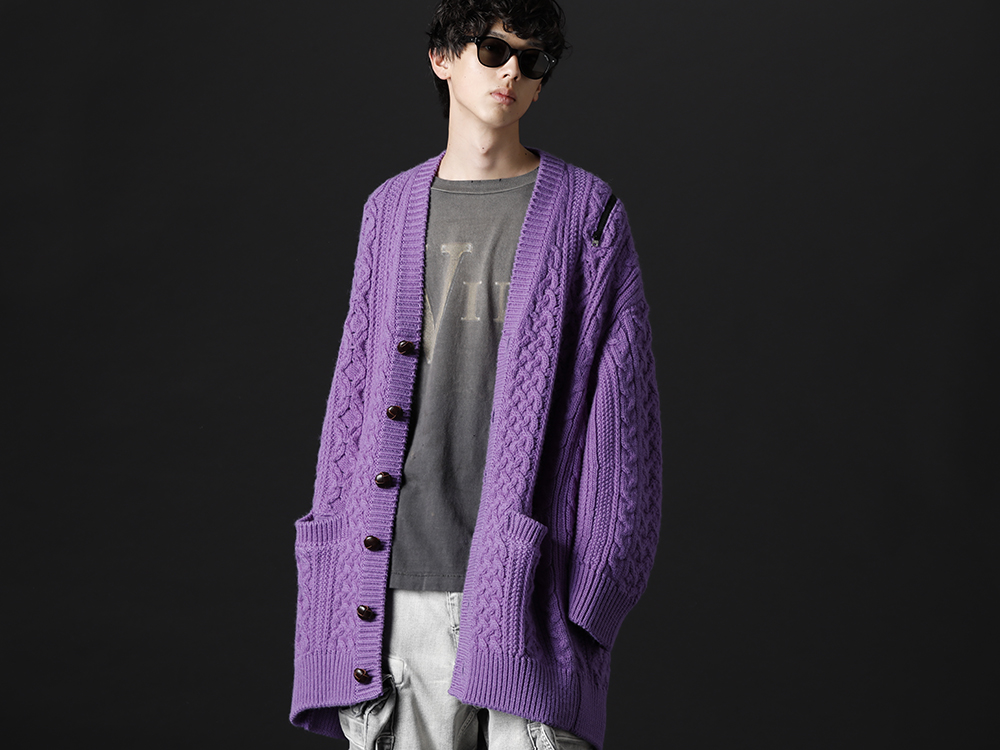 タカヒロミヤシタ ザソロイスト / セントマイケル 2022-23AW - 鮮やかなパープルカラーが美しいオーバサイズカーディガン - sk.0001AW22-Purple(ダブルジップ バルーンシェイプド アランパターン カーディガン パープル) SM-A22-0000-076(ヴィーローン × セントマイケル MARIA ロングスリーブTシャツ) - 2-005