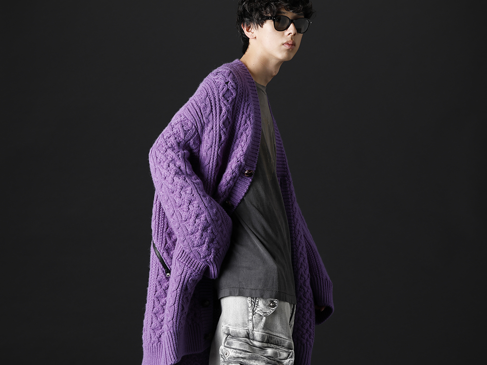 タカヒロミヤシタ ザソロイスト / セントマイケル 2022-23AW - 鮮やかなパープルカラーが美しいオーバサイズカーディガン - sk.0001AW22-Purple(ダブルジップ バルーンシェイプド アランパターン カーディガン パープル) SM-A22-0000-076(ヴィーローン × セントマイケル MARIA ロングスリーブTシャツ) - 2-006