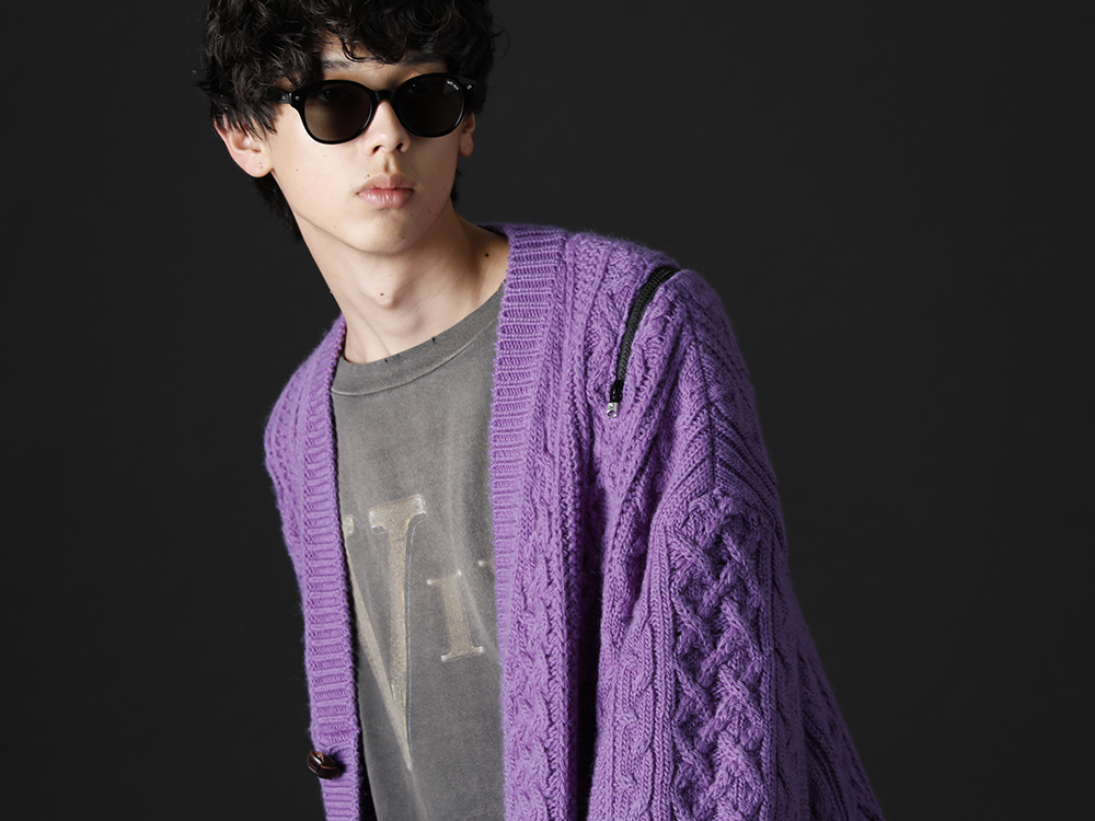 タカヒロミヤシタ ザソロイスト / セントマイケル 2022-23AW - 鮮やかなパープルカラーが美しいオーバサイズカーディガン - sk.0001AW22-Purple(ダブルジップ バルーンシェイプド アランパターン カーディガン パープル) SM-A22-0000-076(ヴィーローン × セントマイケル MARIA ロングスリーブTシャツ) - 2-007