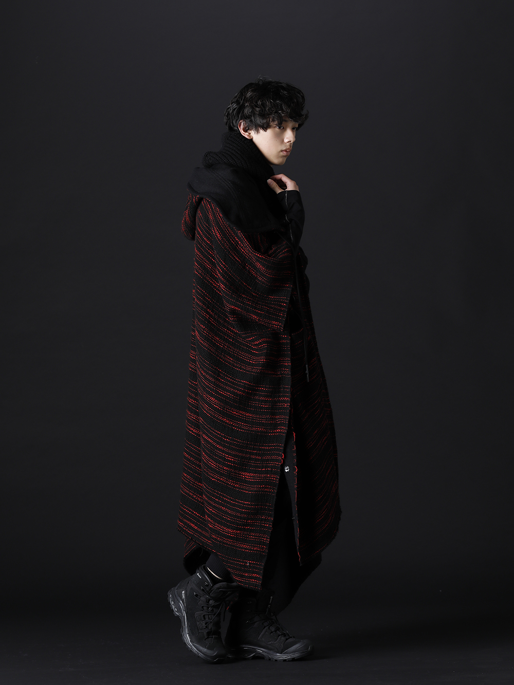 nude:masahiko maruyama / The Viridi-anne / 11 by Boris Bidjan Saberi / TAKAHIROMIYASHITATheSoloist. 2022-23AW - Ponchos with a strong mode look are neutralized and made into real clothes. - NU-1655(Reversible Poncho) VI-3541-01-Black(Nylon Spandex Jersey Crewneck L/S Black) VI-3514-04(Wool / Linen Layered Pants) BOOT2-GTX-Black(BOOT2 GTX Black) sk.0003AW22-Black(aran pattern balaclava Black) - 1-003