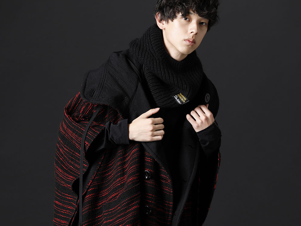 nude:masahiko maruyama / The Viridi-anne / TAKAHIROMIYASHITATheSoloist. 2022-23AW - Oversized poncho with a beautiful drape - NU-1655(Reversible Poncho) VI-3541-01-Black(Nylon Spandex Jersey Crewneck L/S Black) sk.0003AW22-Black(aran pattern balaclava Black) - 2-004