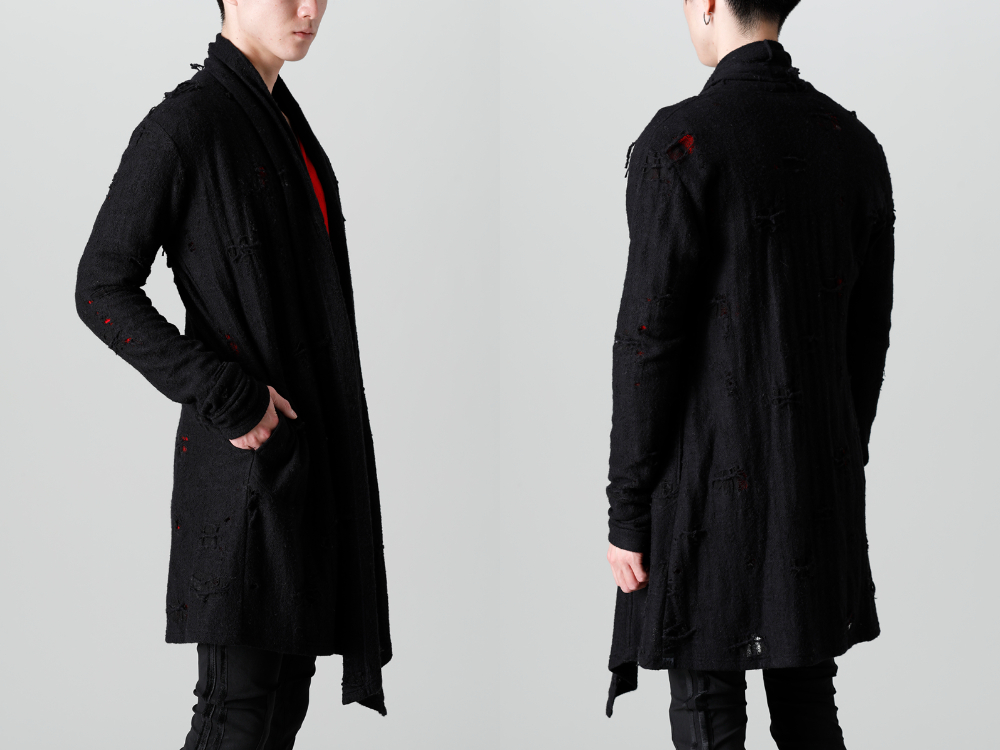 キリュウキリュウ 2022-23AW - kiryuyrik(キリュウキリュウ) 2022-23AWコレクションより第3弾目が到着！店頭・通販共に販売中！ - KO-HT19-058-black(ダメージジャージー ショールカーディガン ブラック) - 1-007