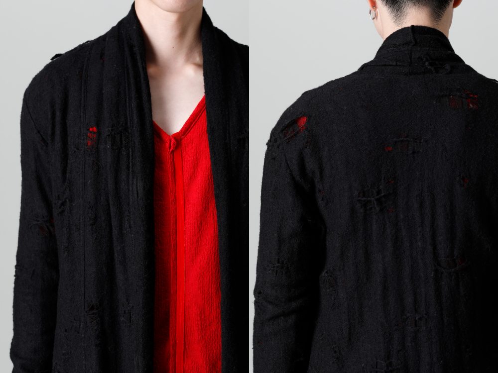 キリュウキリュウ 2022-23AW - kiryuyrik(キリュウキリュウ) 2022-23AWコレクションより第3弾目が到着！店頭・通販共に販売中！ - KO-HT19-058-black(ダメージジャージー ショールカーディガン ブラック) - 1-008