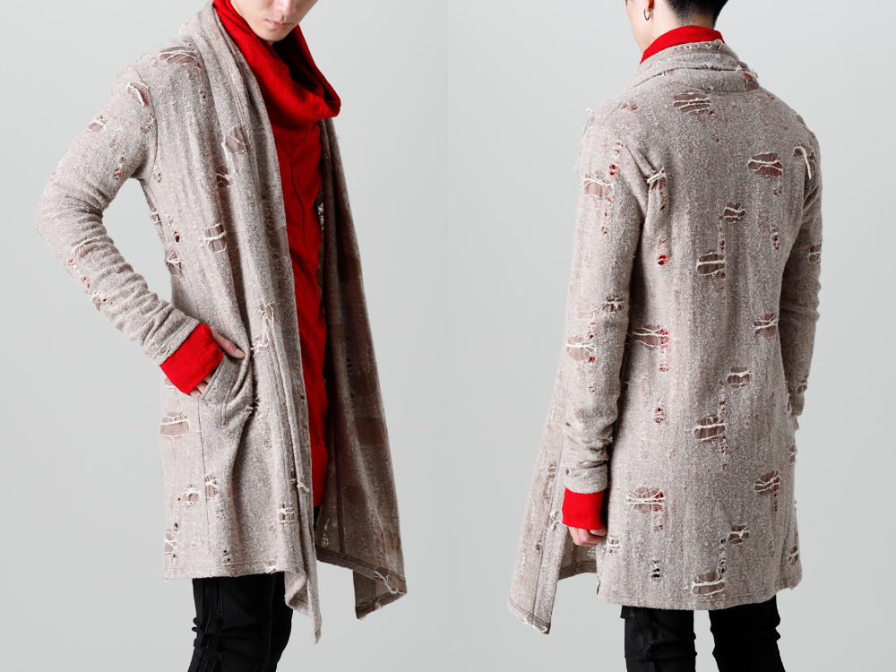 キリュウキリュウ 2022-23AW - kiryuyrik(キリュウキリュウ) 2022-23AWコレクションより第3弾目が到着！店頭・通販共に販売中！ - KO-HT19-058-beige(ダメージジャージー ショールカーディガン ベージュ) - 1-016