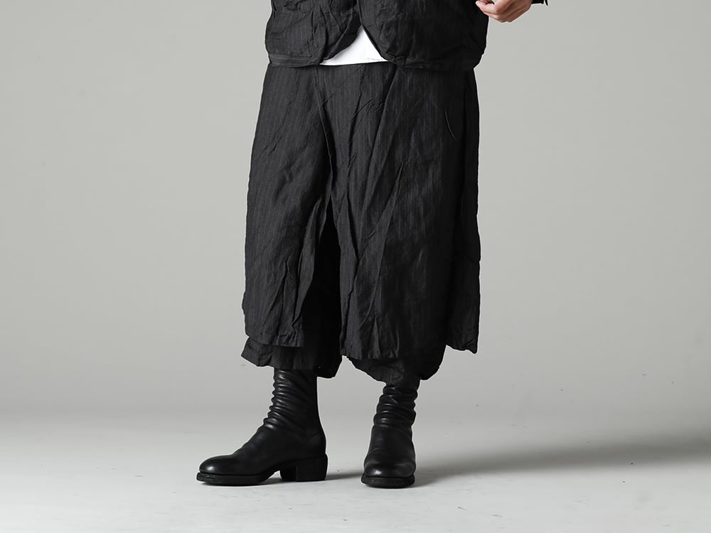 GARMENT REPRODUCTION OF WORKERS(ガーメント リプロダクション オブ ワーカース) 22-23AW(秋冬) コーディネートを構築する楽しみを味わう - New-Wrap-Pants-Gray-Stripe ニュー ラップ パンツ グレー ストライプ - 788Z_H バックジップブーツ ダブルソール - ホース フルグレイン レザー 3-003