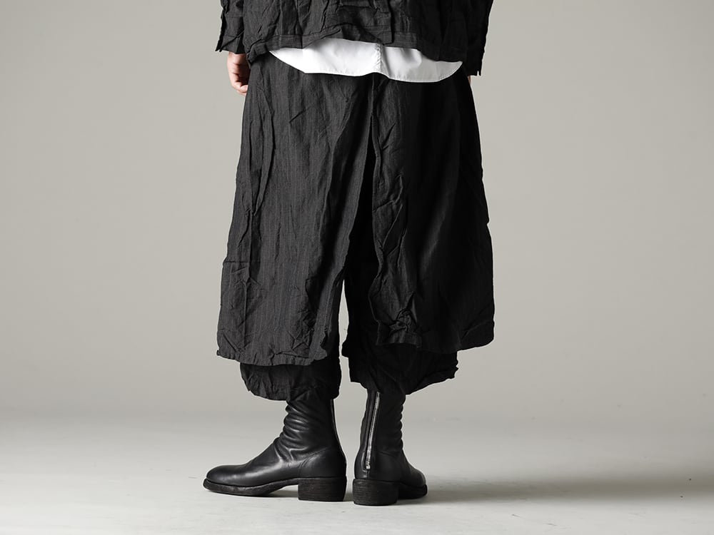 GARMENT REPRODUCTION OF WORKERS(ガーメント リプロダクション オブ ワーカース) 22-23AW(秋冬) コーディネートを構築する楽しみを味わう - New-Wrap-Pants-Gray-Stripe ニュー ラップ パンツ グレー ストライプ - 788Z_H バックジップブーツ ダブルソール - ホース フルグレイン レザー 3-004