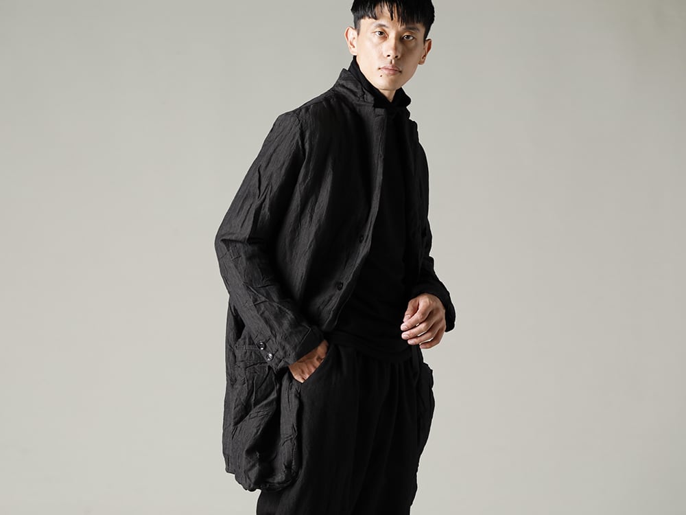 GARMENT REPRODUCTION OF WORKERS(ガーメント リプロダクション オブ ワーカース) 22-23(秋冬) スタイリング ピンストライプのテクスチャーにシュリンクによるアクセントをプラス - Arthur-Coat-Gray-Stripe アーサー コート グレー ストライプ - TTC-swcm-blk コットンボトルネック ブラック 1-003