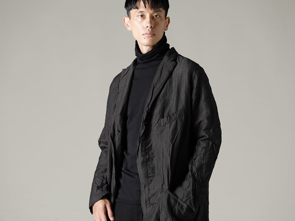 GARMENT REPRODUCTION OF WORKERS(ガーメント リプロダクション オブ ワーカース) 22-23(秋冬) スタイリング ピンストライプのテクスチャーにシュリンクによるアクセントをプラス - Arthur-Coat-Gray-Stripe アーサー コート グレー ストライプ - TTC-swcm-blk コットンボトルネック ブラック 1-003