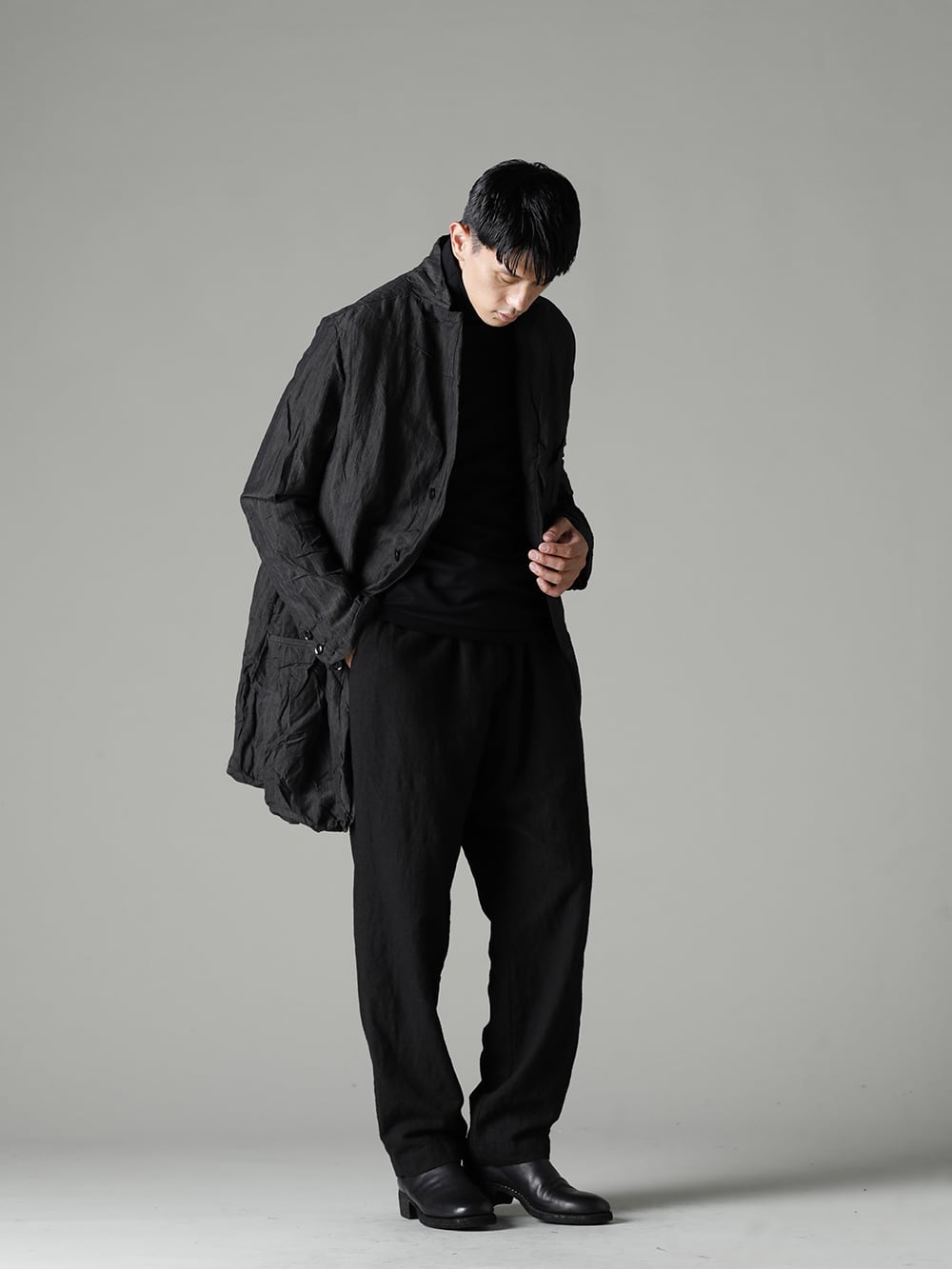 GARMENT REPRODUCTION OF WORKERS(ガーメント リプロダクション オブ ワーカース) 22-23(秋冬) アーサー コート＋NOUSAN：ワイド イージー パンツ - Arthur-Coat-Gray-Stripe アーサー コート グレー ストライプ - TTC-swcm-blk コットンボトルネック ブラック -  villa-b-22-23aw ワイド イージー パンツ - 788Z_H バックジップブーツ ダブルソール - ホース フルグレイン レザー  4-001